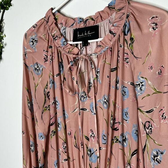 Nicole Miller Pink Silk Blend Floral Tiered Ruffle Long Sleeve Dress Sz Small - Picture 4 of 10